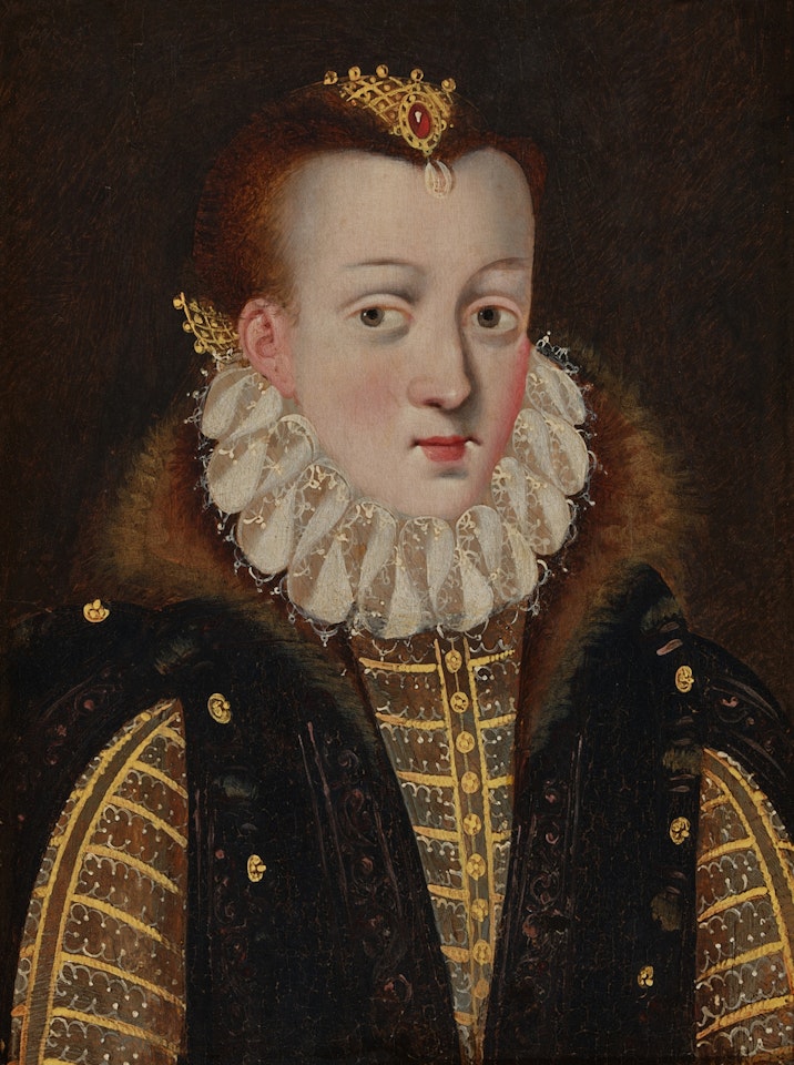 Portrait of a lady, bust length, in a gold embroidered dress, fur, and jeweled cap by Flemish School