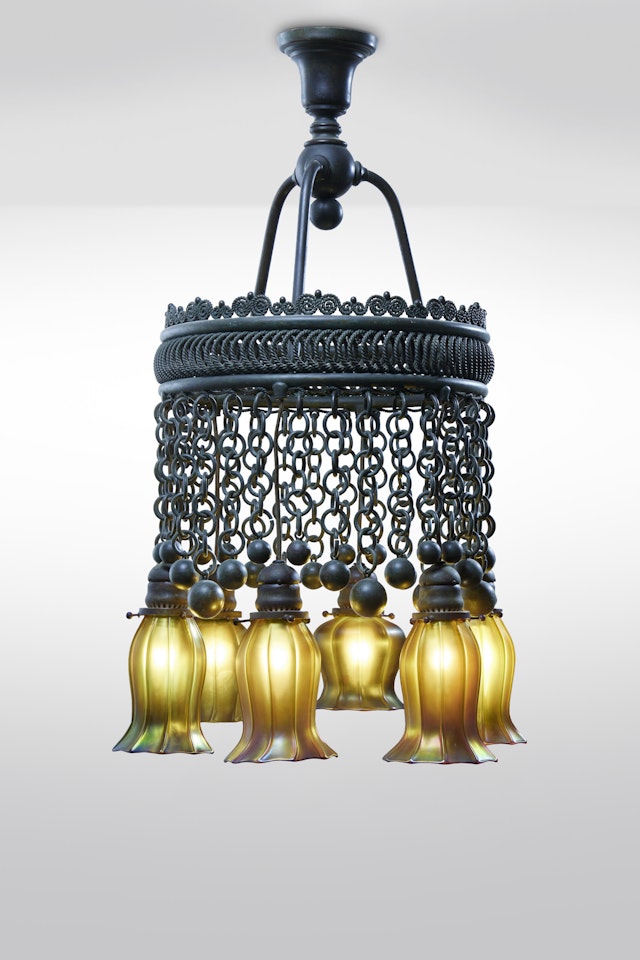 Six-Light Chandelier; with five Quezal shades by Tiffany Studios