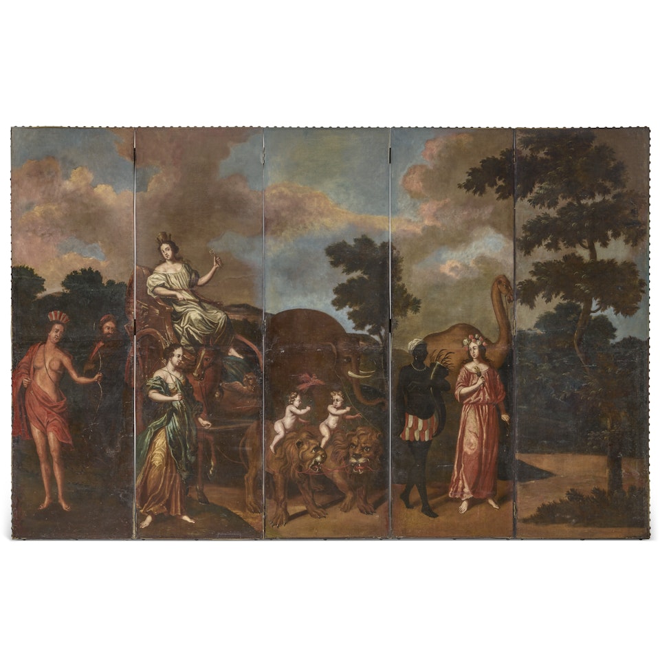 CYBELE AND THE FOUR CONTINENTS, NOW MOUNTED AS A FIVE-FOLD ROOM SCREEN by Italian School