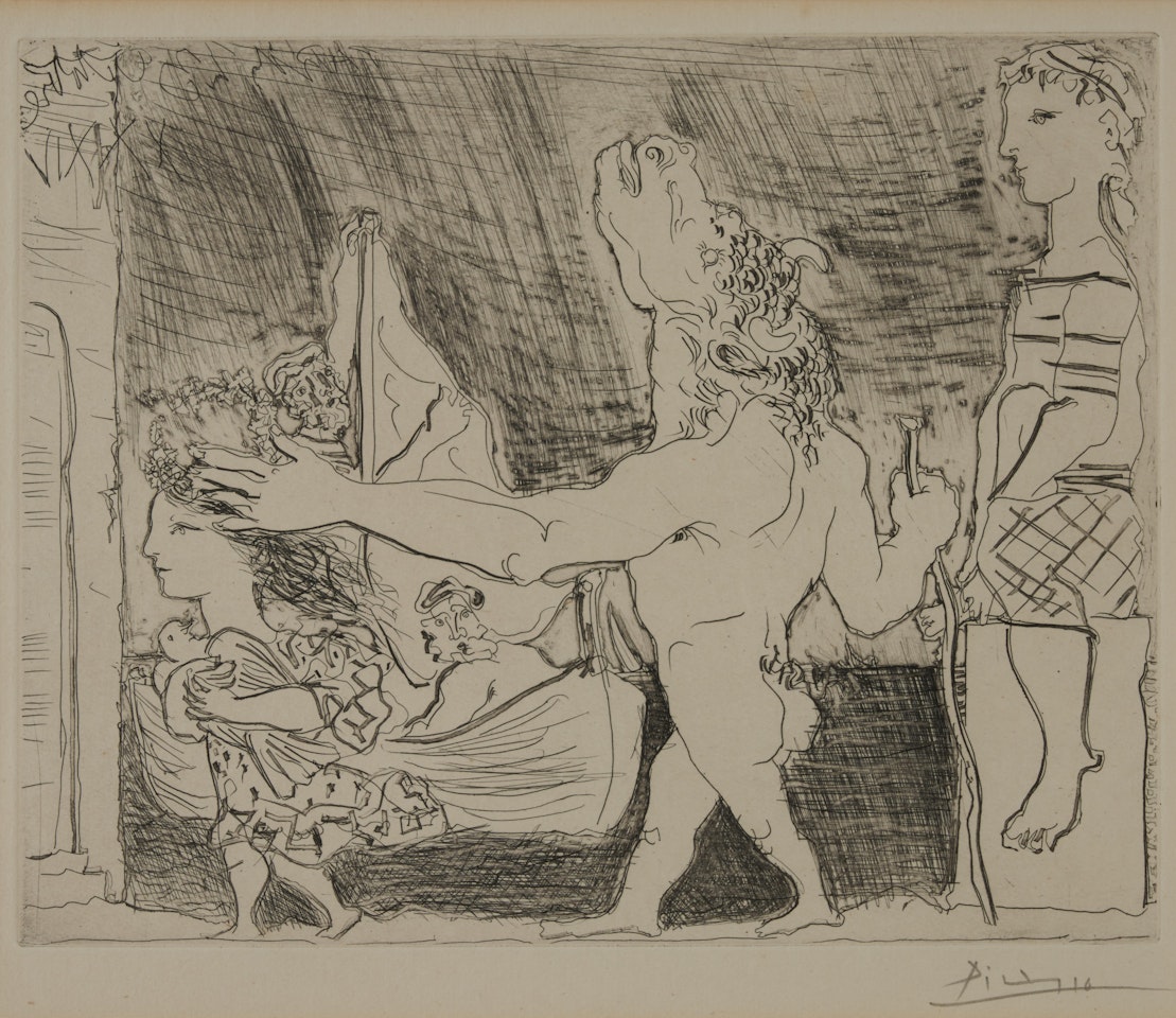 Minotaure aveugle guidé dans la nuit par une petite fille au pigeon, plate 96 from La Suite Vollard (Bloch 223; Baer 435) by Pablo Picasso