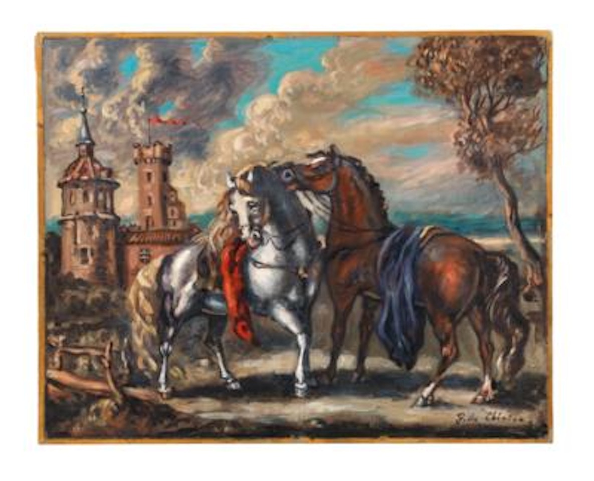 Due cavalli presso un castello by Giorgio de Chirico