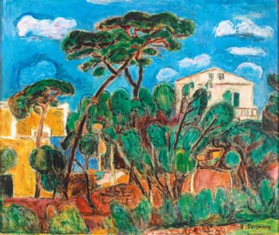 Häuser umgeben von Pinien (Houses surrounded by pine trees) by Hans Purrmann