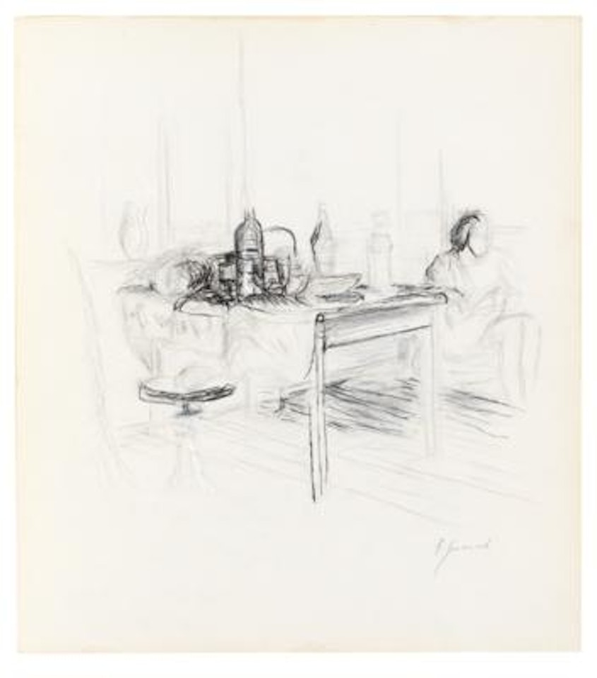 Woman reading next to a laid table by Bruno Gironcoli
