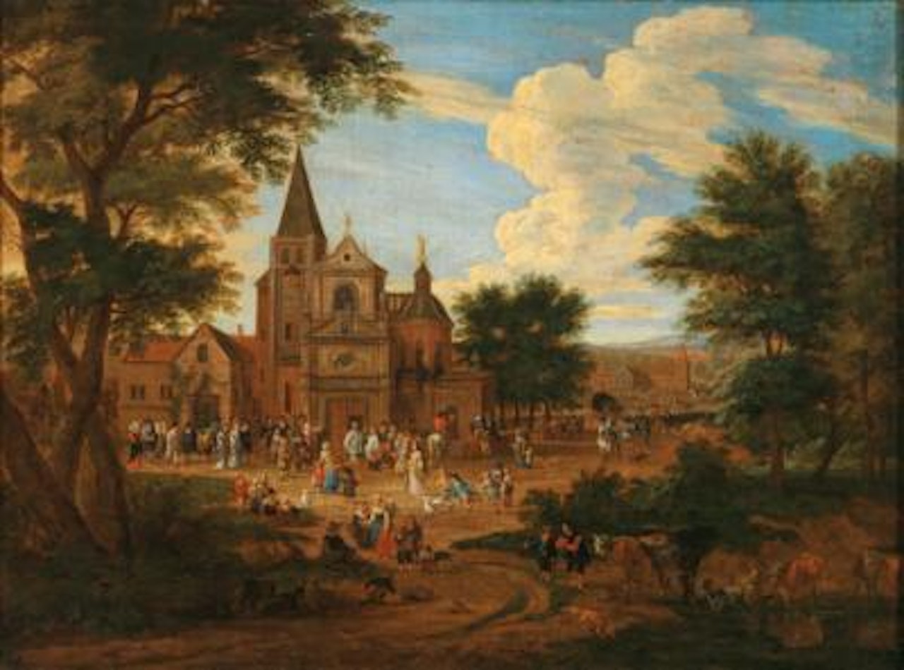 A busy market square in a town by Pieter Bout