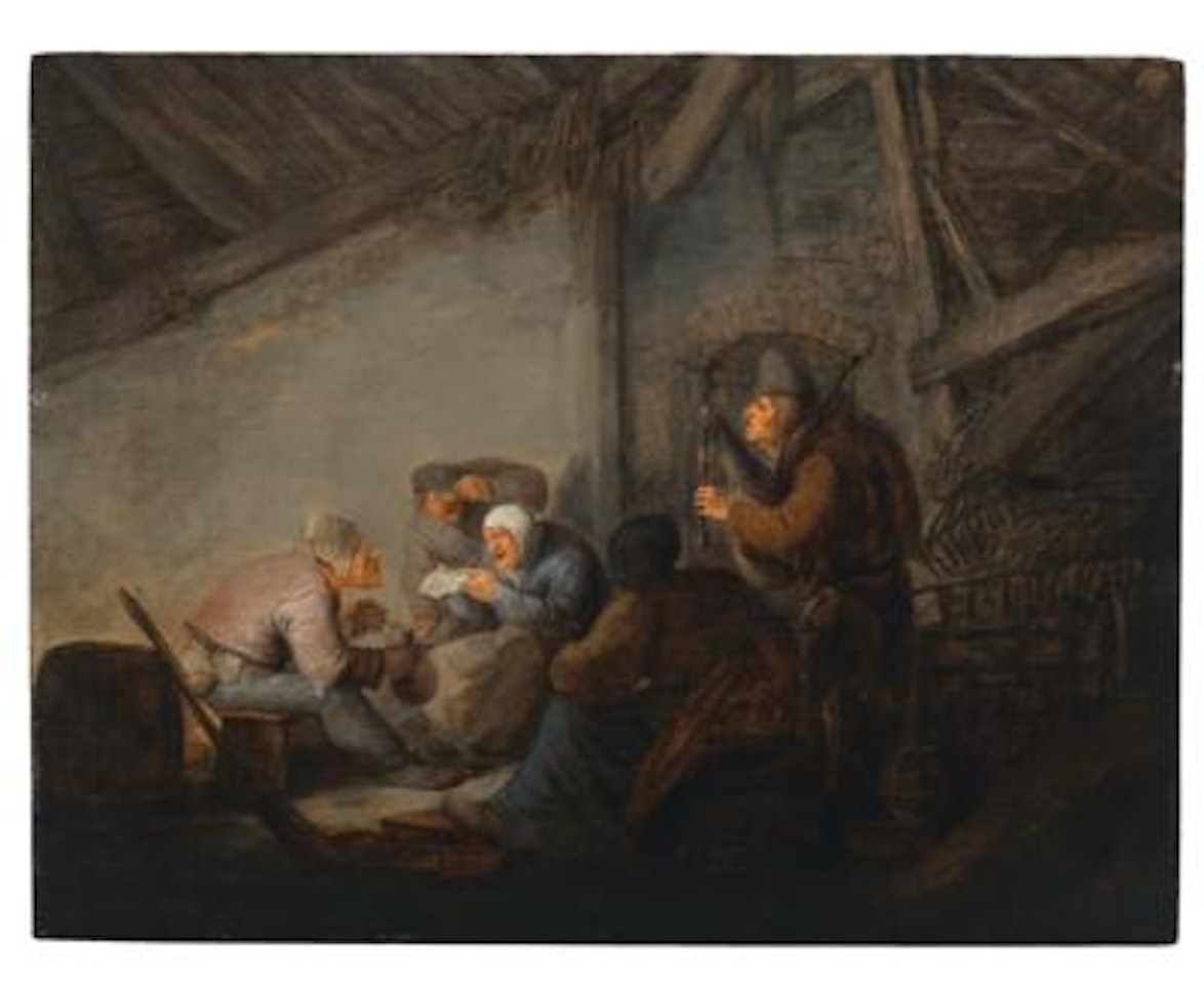 A tavern interior, with peasants singing and making music by Adriaen van Ostade