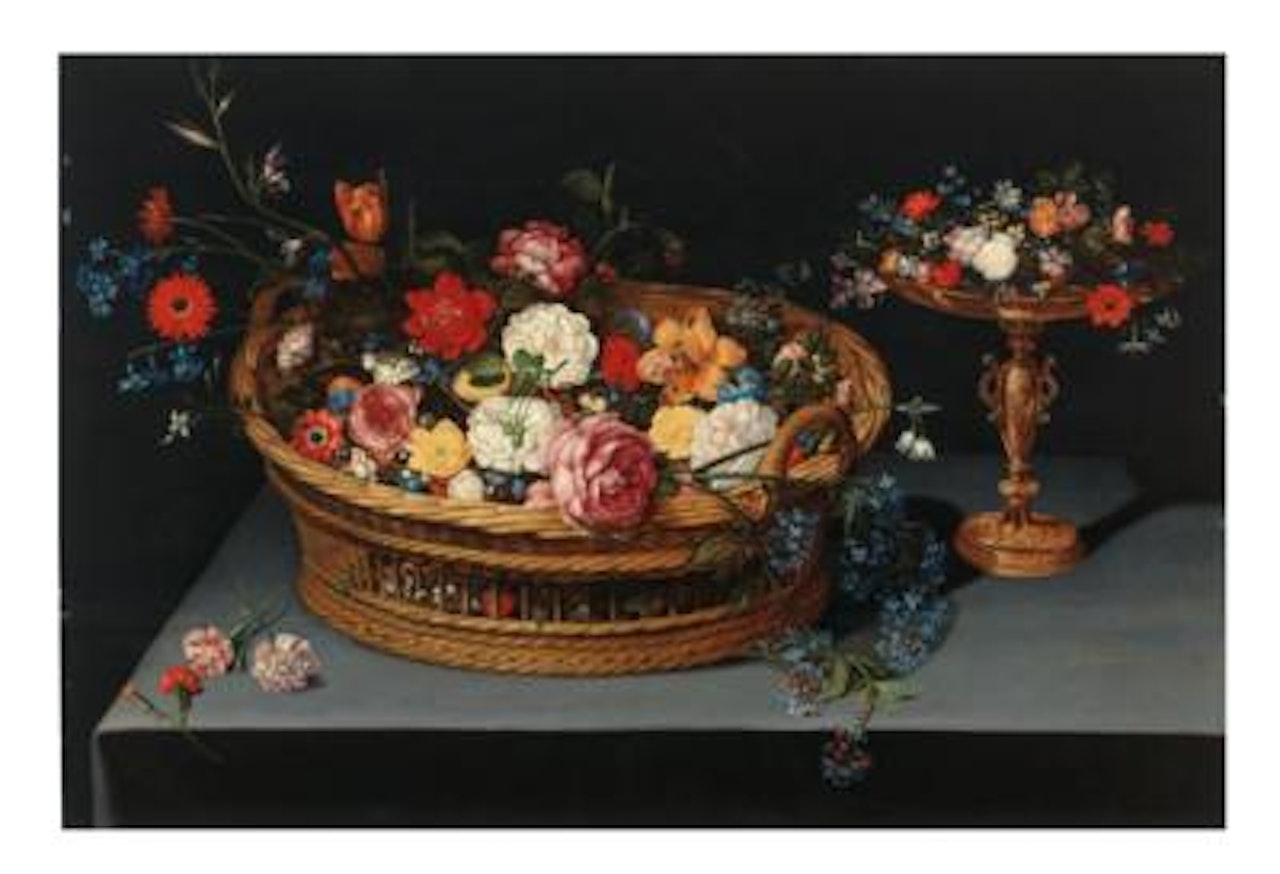 Mixed flowers in a basket with a Tazza nearby by Jan Brueghel the Younger