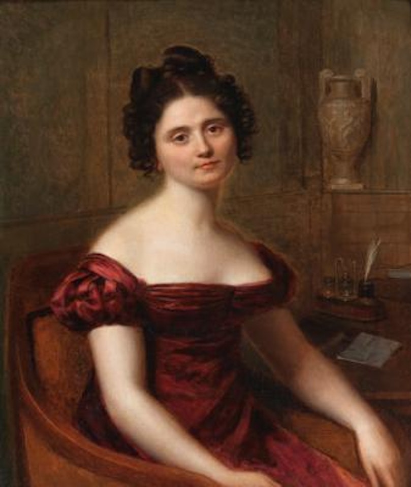 Portrait of a Young Lady in a Red Dress Leaning on a Table by Firmin Massot