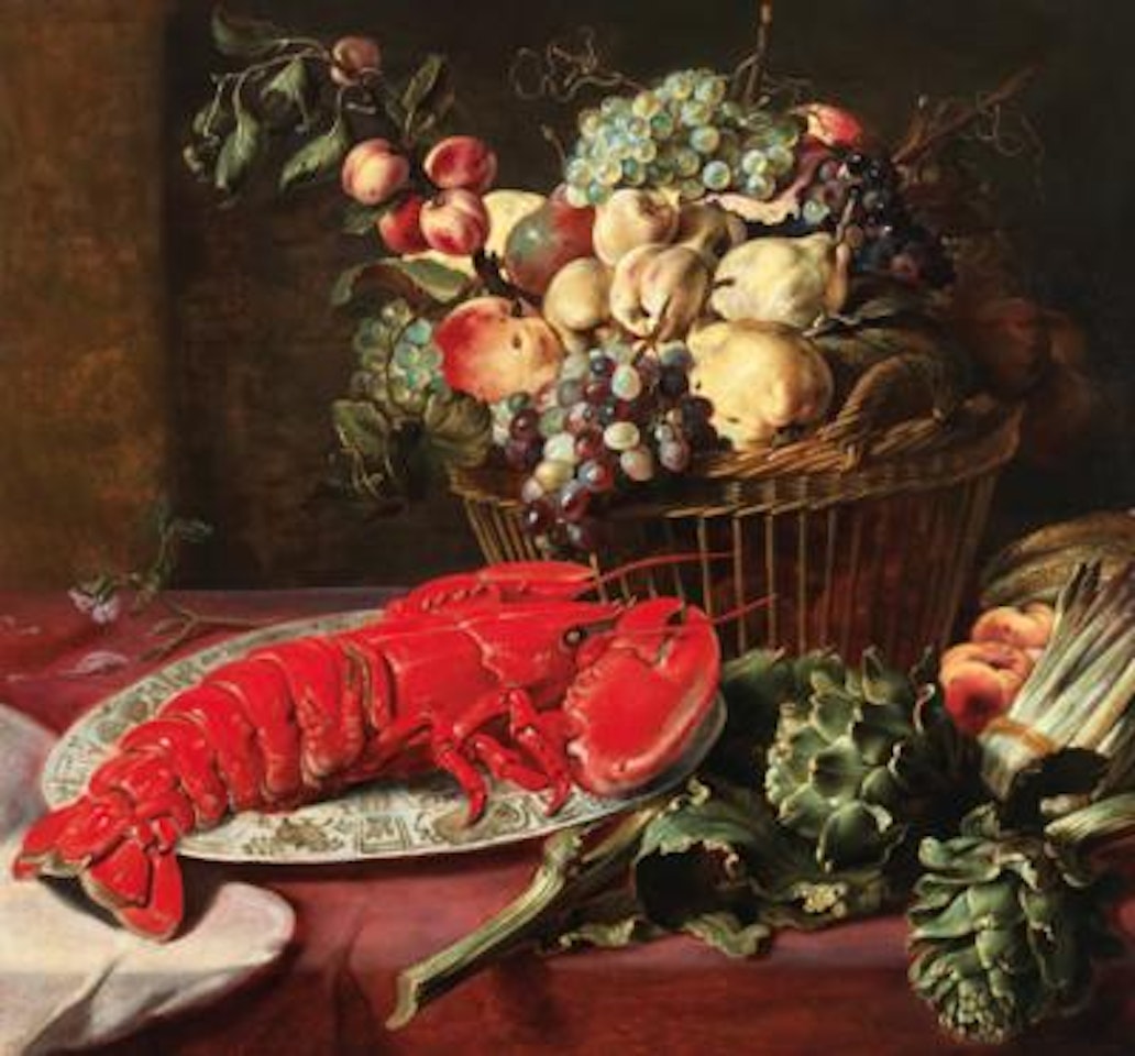 A basket of fruit, asparagus, artichokes and a lobster on a blue and white porcelain dish by Frans Snyders