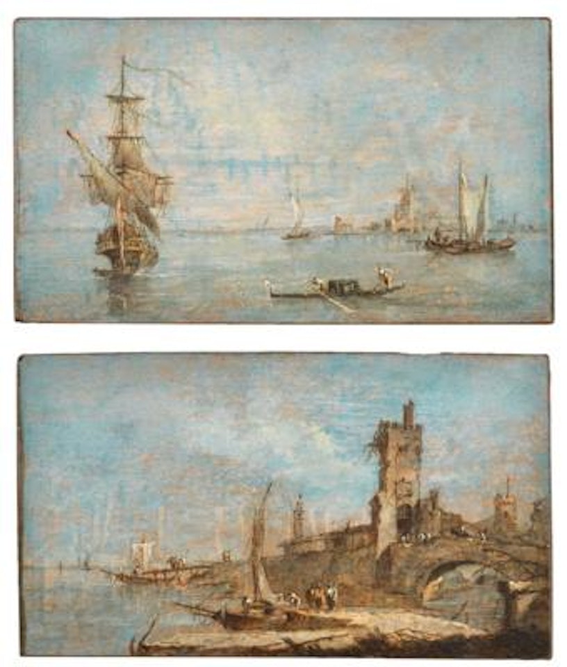 A seascape with sailing boats, a fortress beyond;; A seascape with a ruinous fortress and boats by Francesco Guardi