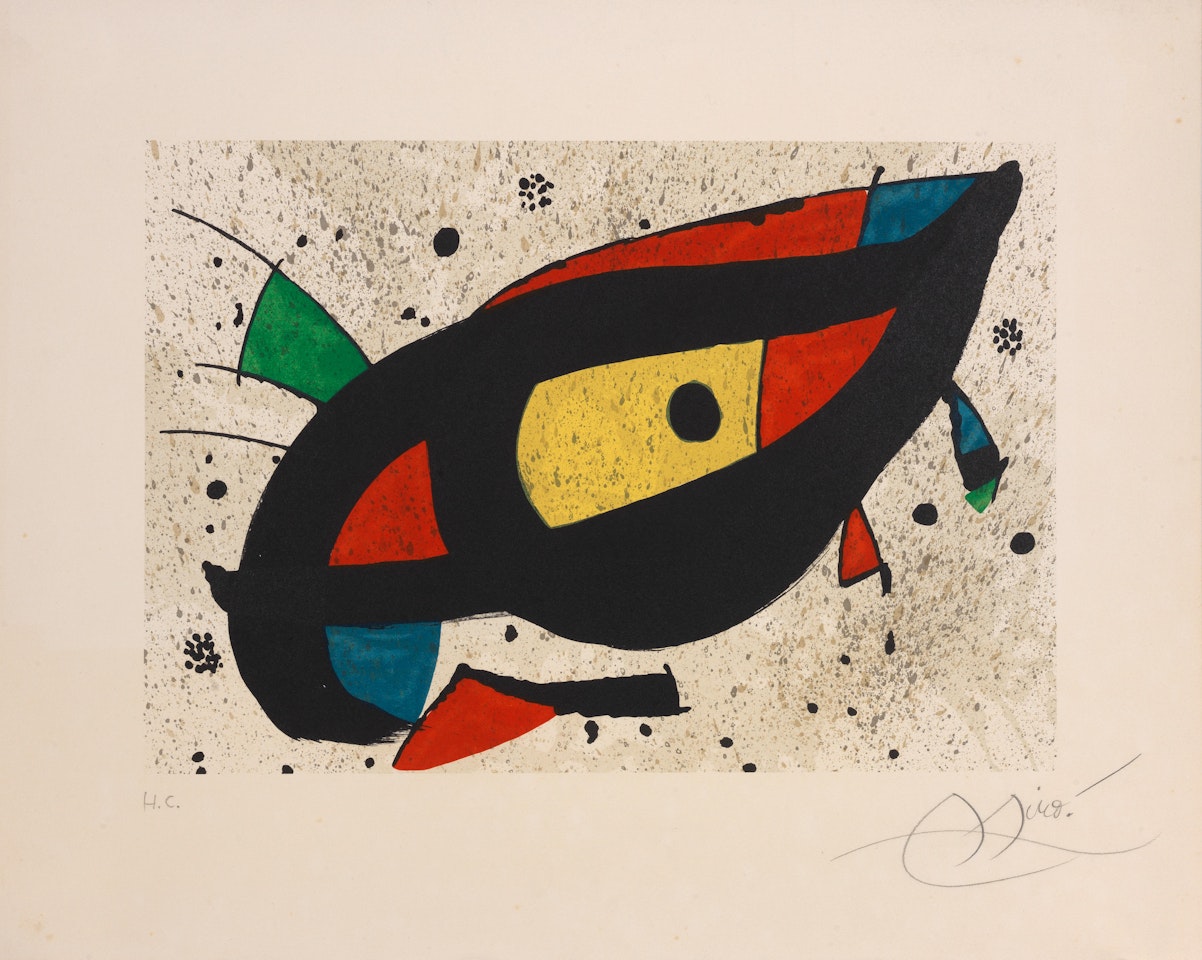 Lithograph in colours, 1978, on wove paper, signed and inscribed "H.C." in pencil, a hors commerce impression aside from numbered edition of 75, printed by La Polígrafa, S.A., Barcelona, published by Direción General del Patrimonio Artístico, Archivios y Museos, Madrid, with full margins by Joan Miró