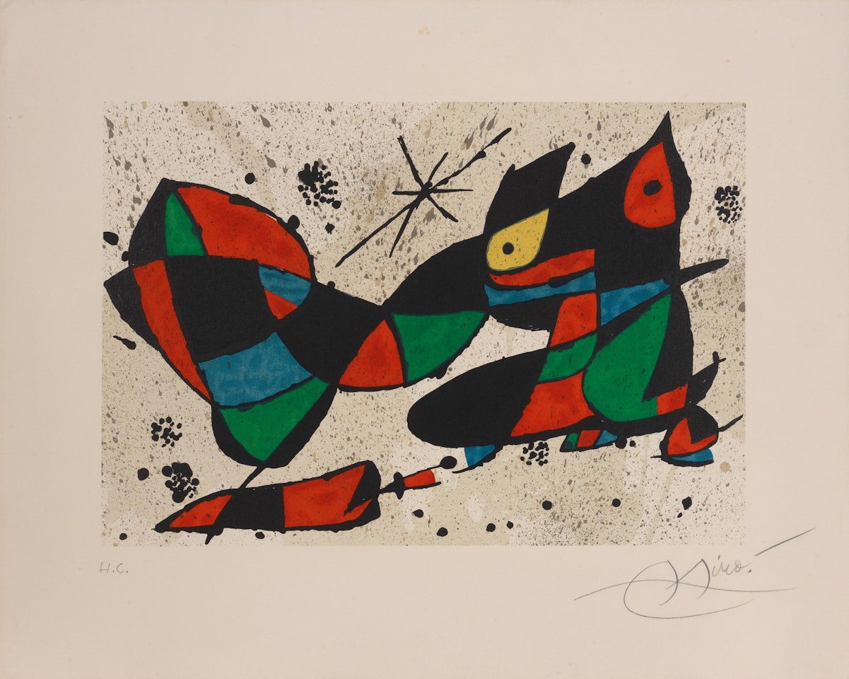 Lithograph in colours, 1978, on wove paper, signed and inscribed "H.C." in pencil, a hors commerce impression aside from the numbered edition of 75, printed by La Polígrafa, S.A., Barcelona, published by Direción General del Patrimonio Artístico, Archivios y Museos, Madrid, with full margins by Joan Miró