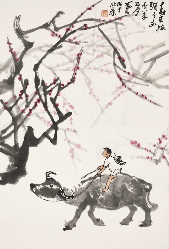Boy on Buffalo under Plum Blossoms by Li Keran