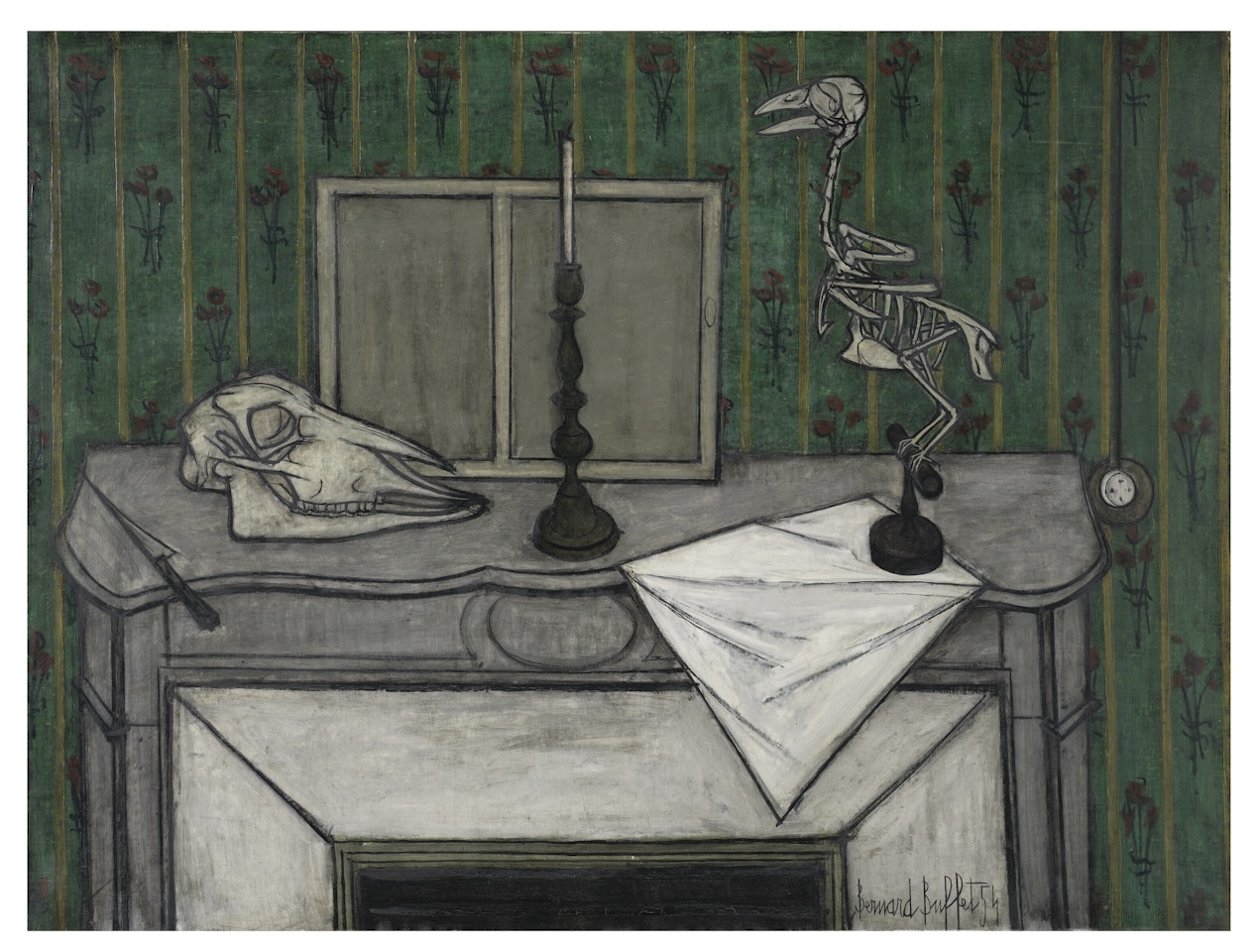 "SKULL AND SKELETON OF A BIRD ON A FIREPLACE" by Bernard Buffet