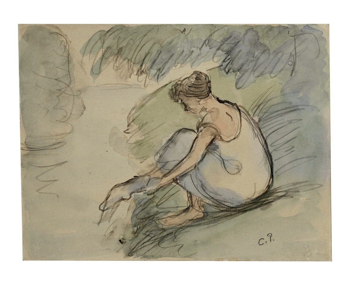 "BATHER PUTTING ON HER STOCKINGS" by Camille Pissarro