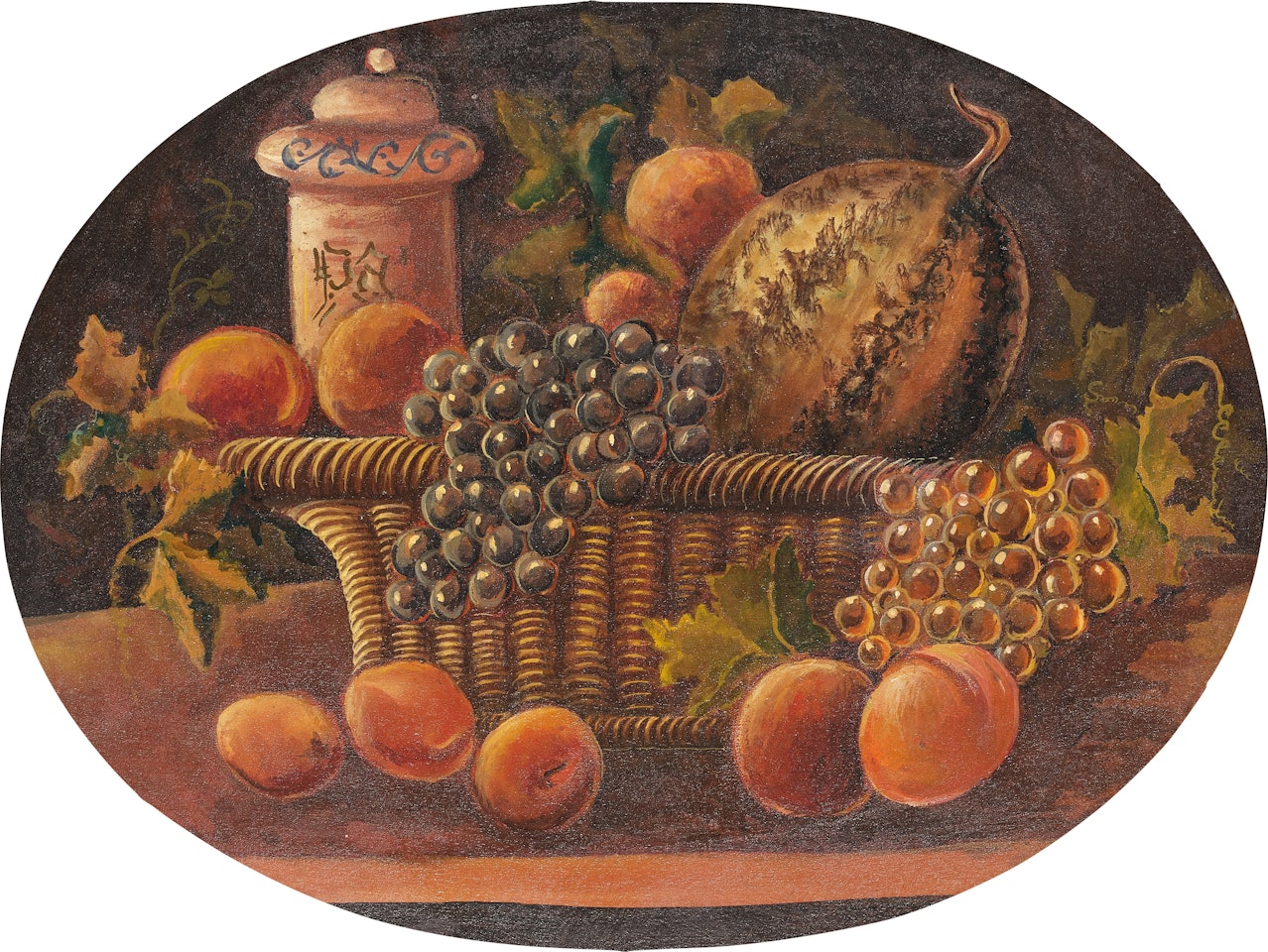 A pair of still lifes with various fruits in wicker baskets by Continental School