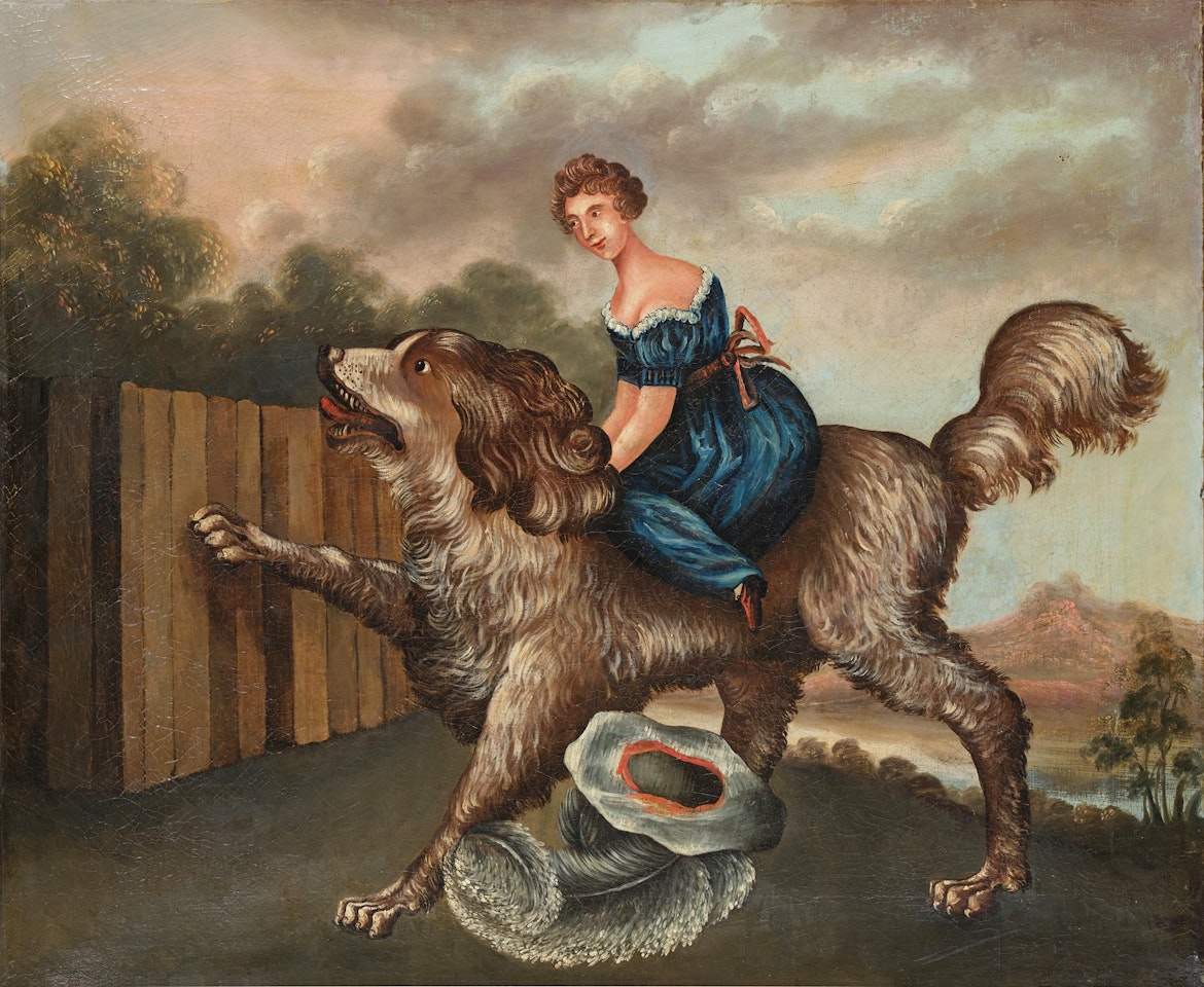 Young Woman Riding a Large Dog by English School