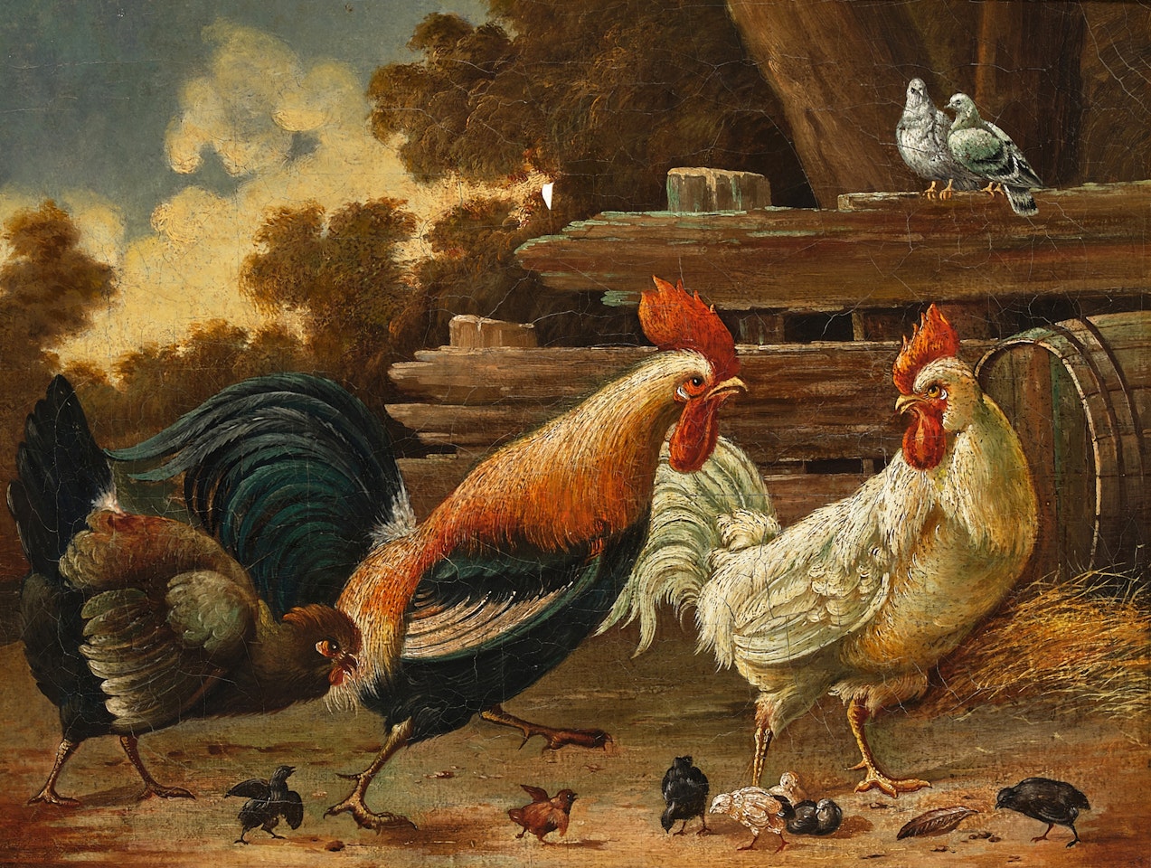 Rooster with Hens and Chicks by Continental School