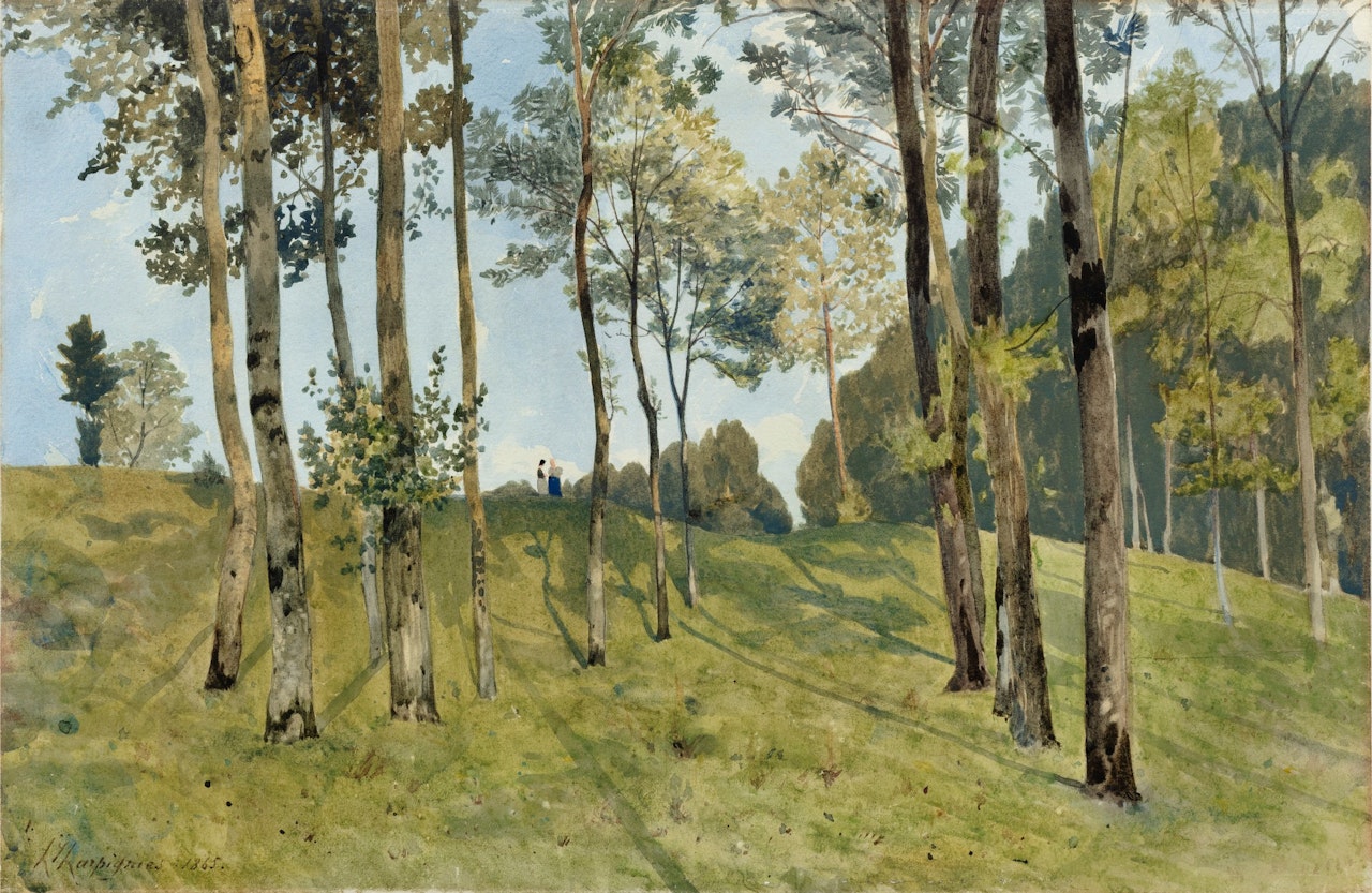 The conversation behind the trees by Henri Harpignies