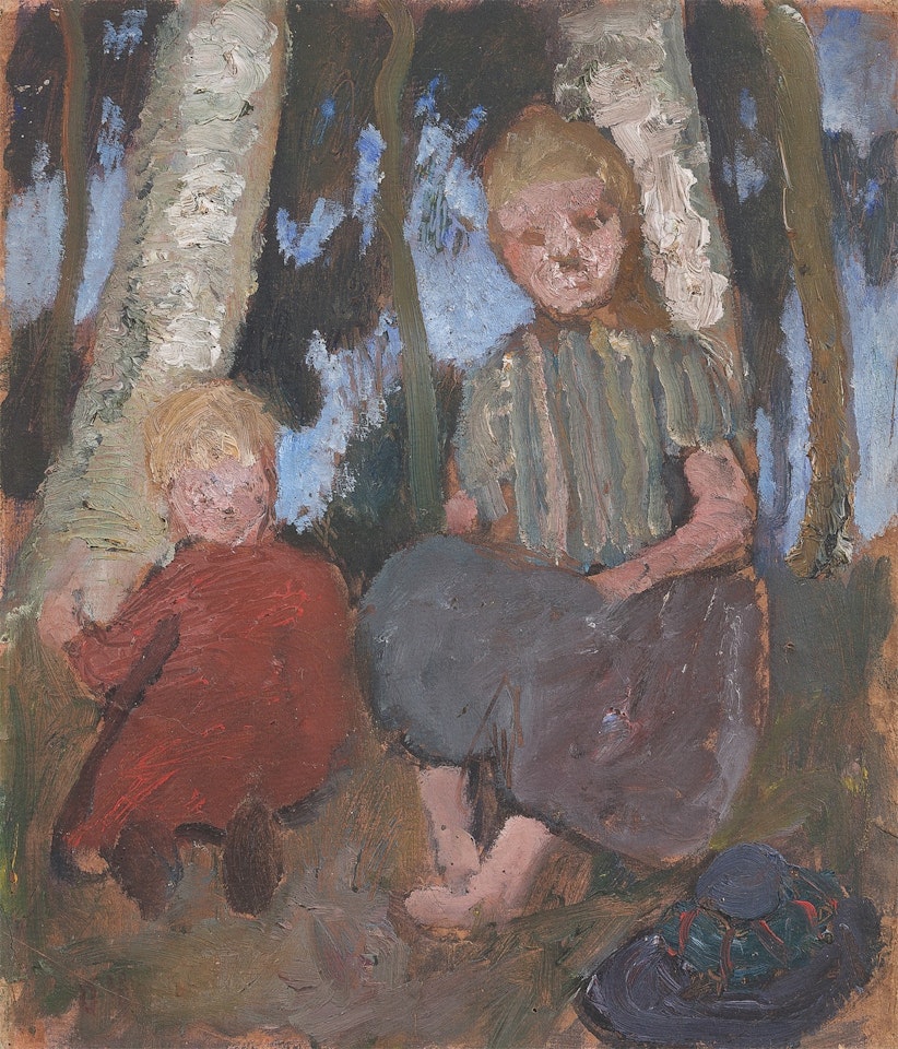”Zwei sitzende Kinder vor Birkenstämmen” by Paula Modersohn-Becker