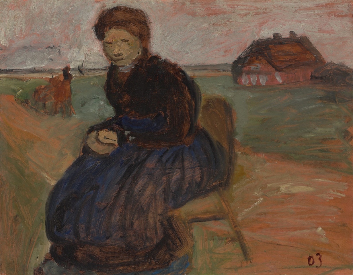 ”Auf einem Stuhl sitzende Bäuerin vor Landschaft mit Haus” by Paula Modersohn-Becker