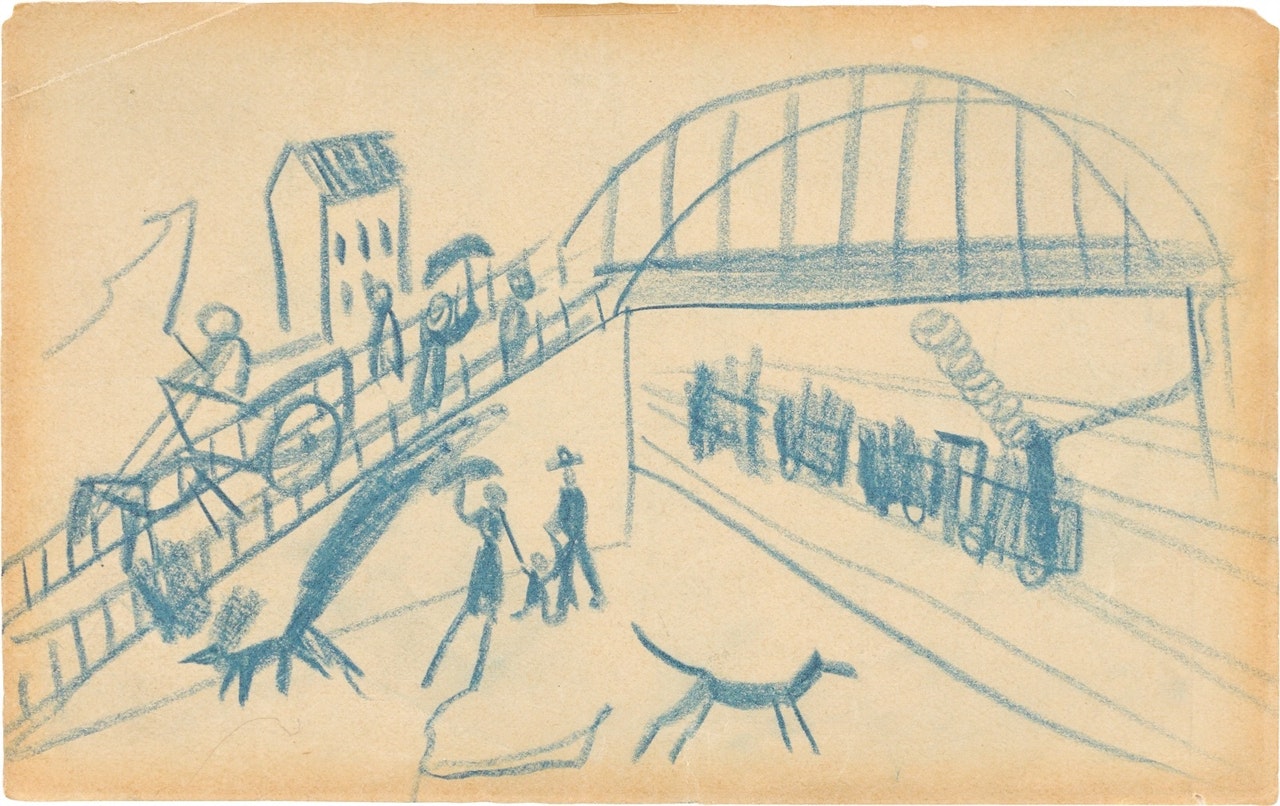 ”Viktoriabrücke mit Spaziergängern und Hunden” by August Macke