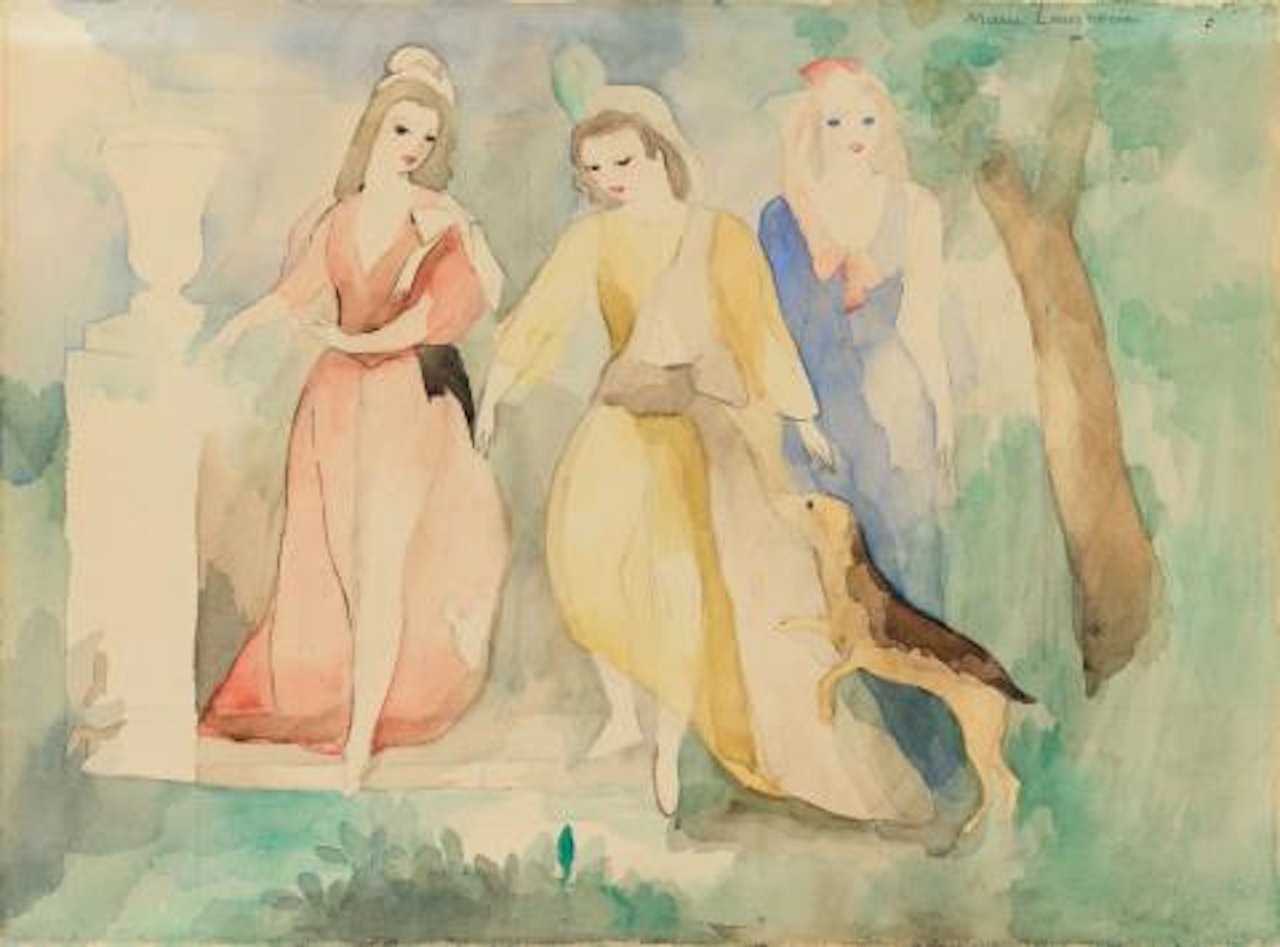 Trois jeunes filles au chien, rose, bleu et vert by Marie Laurencin