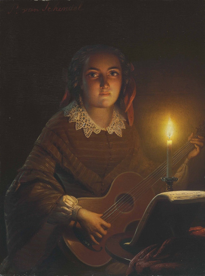 A Girl Playing a Guitar by Candlelight by Petrus van Schendel