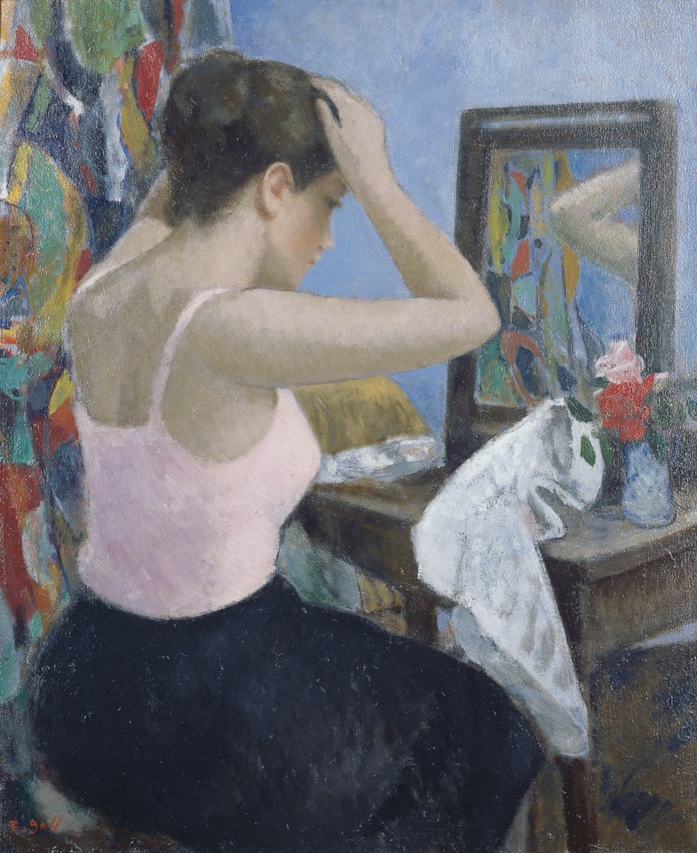 Eugénie en rose et noir, coiffant son chignon devant le miroir by François Gall