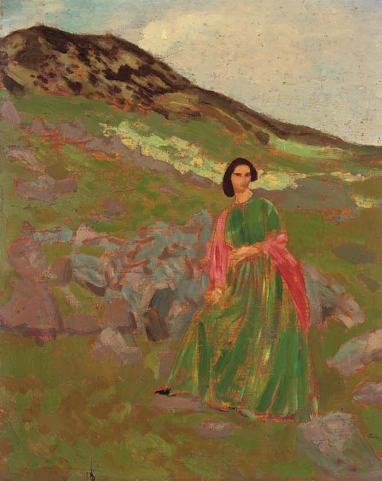 Dorelia in a green dress and red scarf on a hillside by Augustus Edwin John