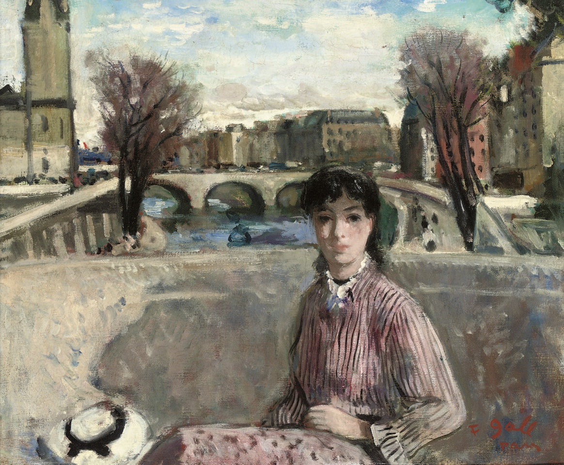 Eugénie au corsage rose rayé, assise au Pont Neuf by François Gall