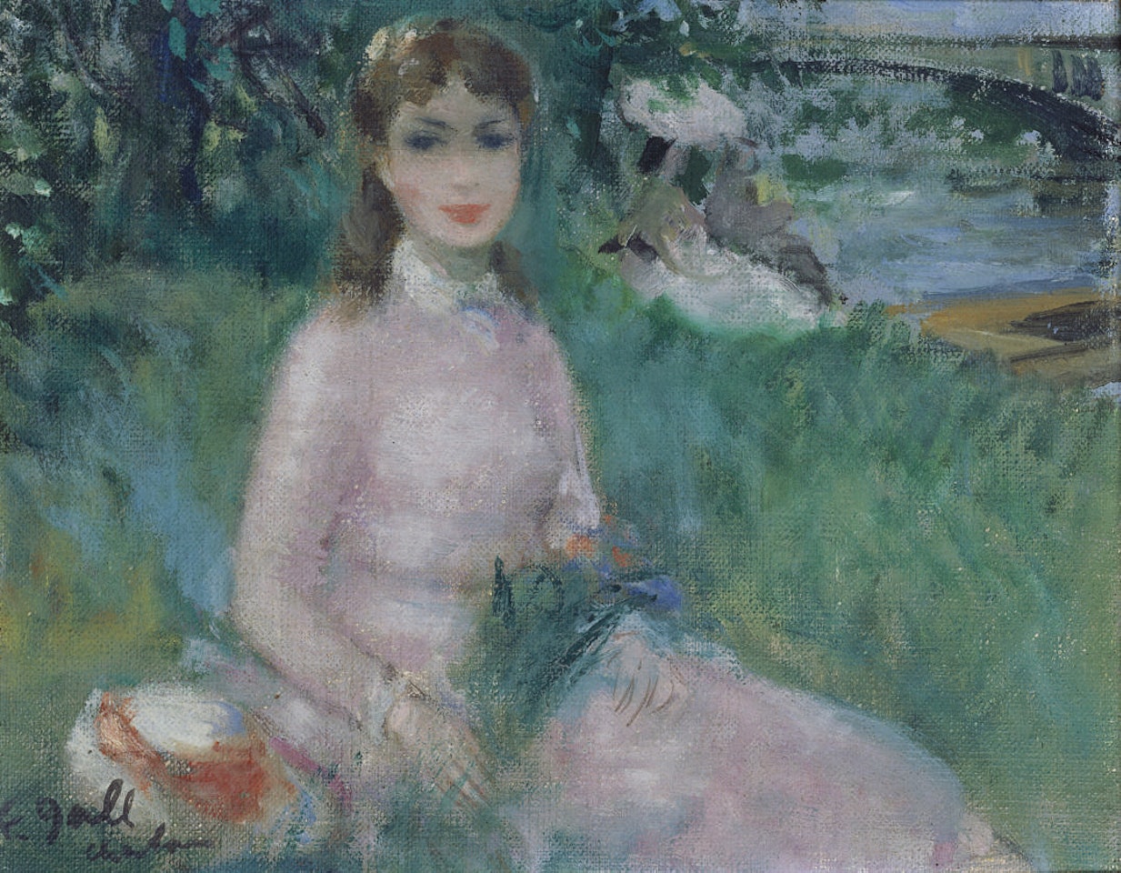 Eugénie au bouquet champêtre, sous le pont de Chatou by François Gall
