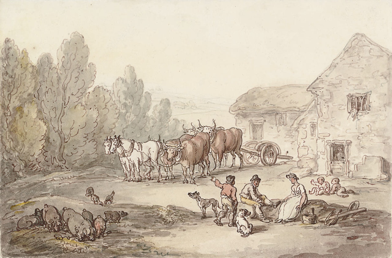 A farmyard scene with figures and animals by Thomas Rowlandson