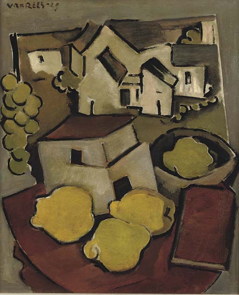 Still life with quince pears, model and a village by Otto van Rees