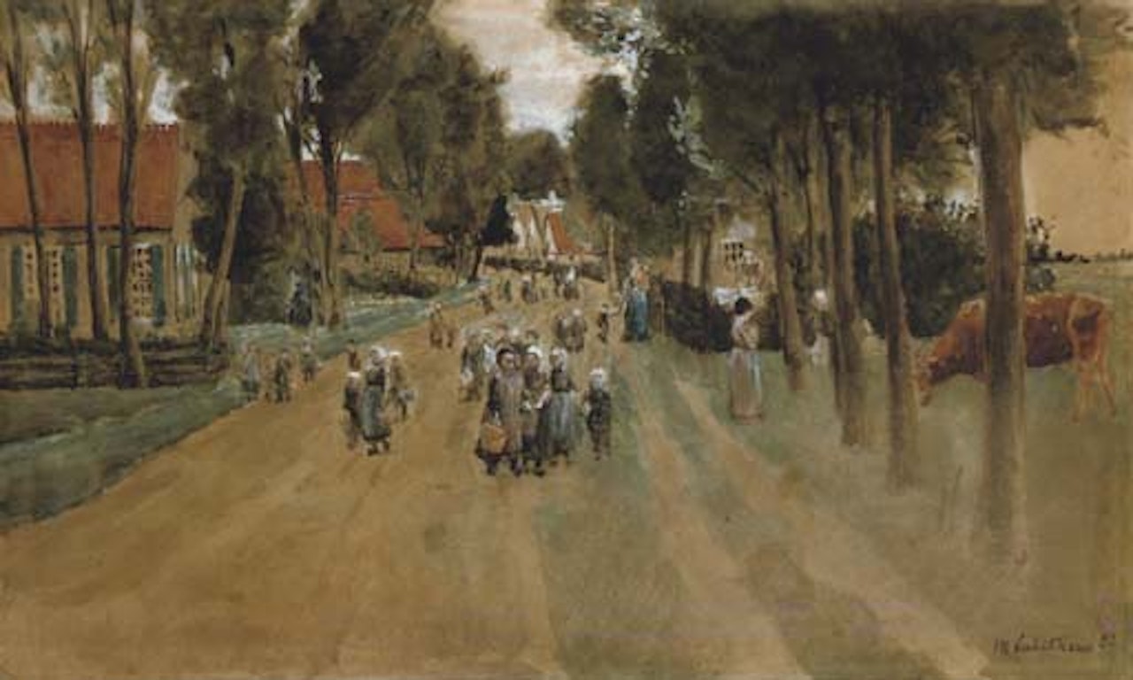 Village street with children in Zweeloo by Max Liebermann