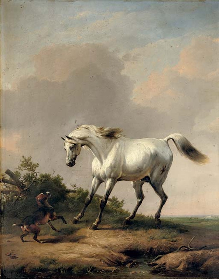 A white horse startled by a dog by Eugène Joseph Verboeckhoven