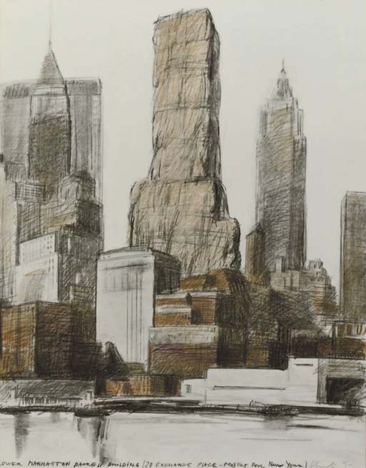 Lower Manhattan packed building, 20 Exchange Place, project for New York by Christo
