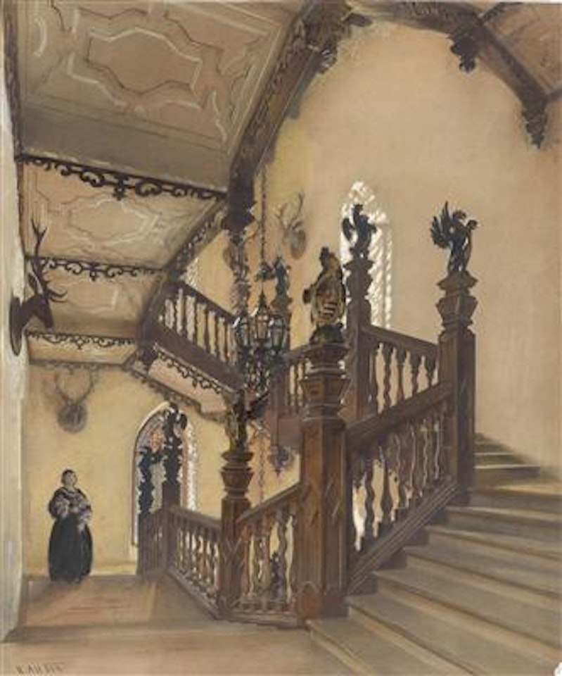 On the Staircase at Castle Rožmberk on the Vltava (Southern Bohemia), formerly the property of the de Longueval, Counts of Bucquoy, by Rudolf von Alt