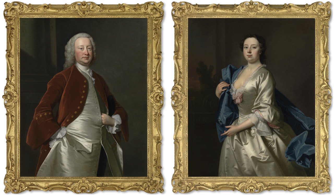 Portrait of Thomas Popham (d. 1749) of Bagborough, Somerset, three-quarter-length, in a brown coat and silver satin waistcoat; and Portrait of Sarah Popham, née Andrews, three-quarter-length, in a white satin dress by Thomas Hudson