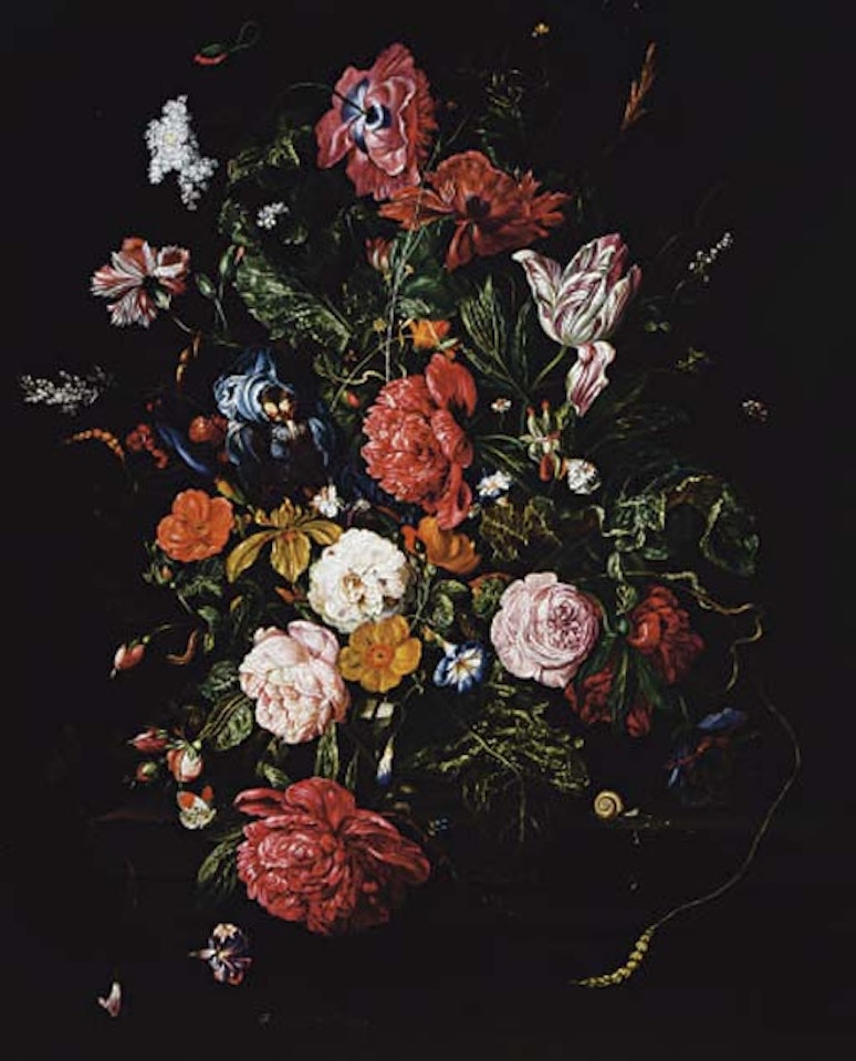 Sumptuous floral bouquet on a ledge with a snail by Frederick Victor Bailey