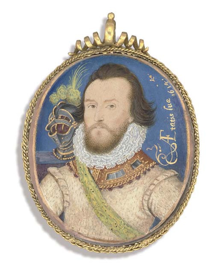 Gentleman, in white doublet, gold and jewel-set gorget by Nicholas Hilliard