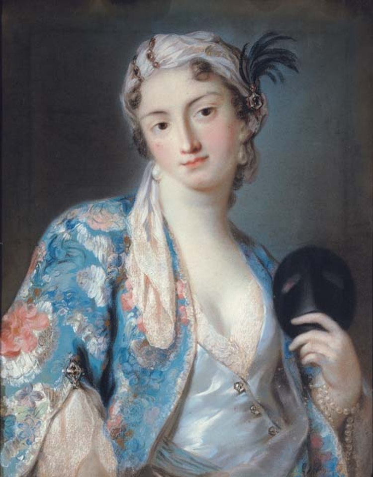 Portrait of a young lady in oriental costume, holding a carnival mask by English School
