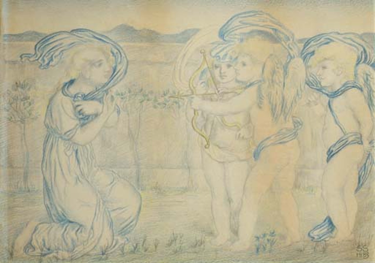 Cupid and amorini targeting a kneeling woman by Simeon Solomon