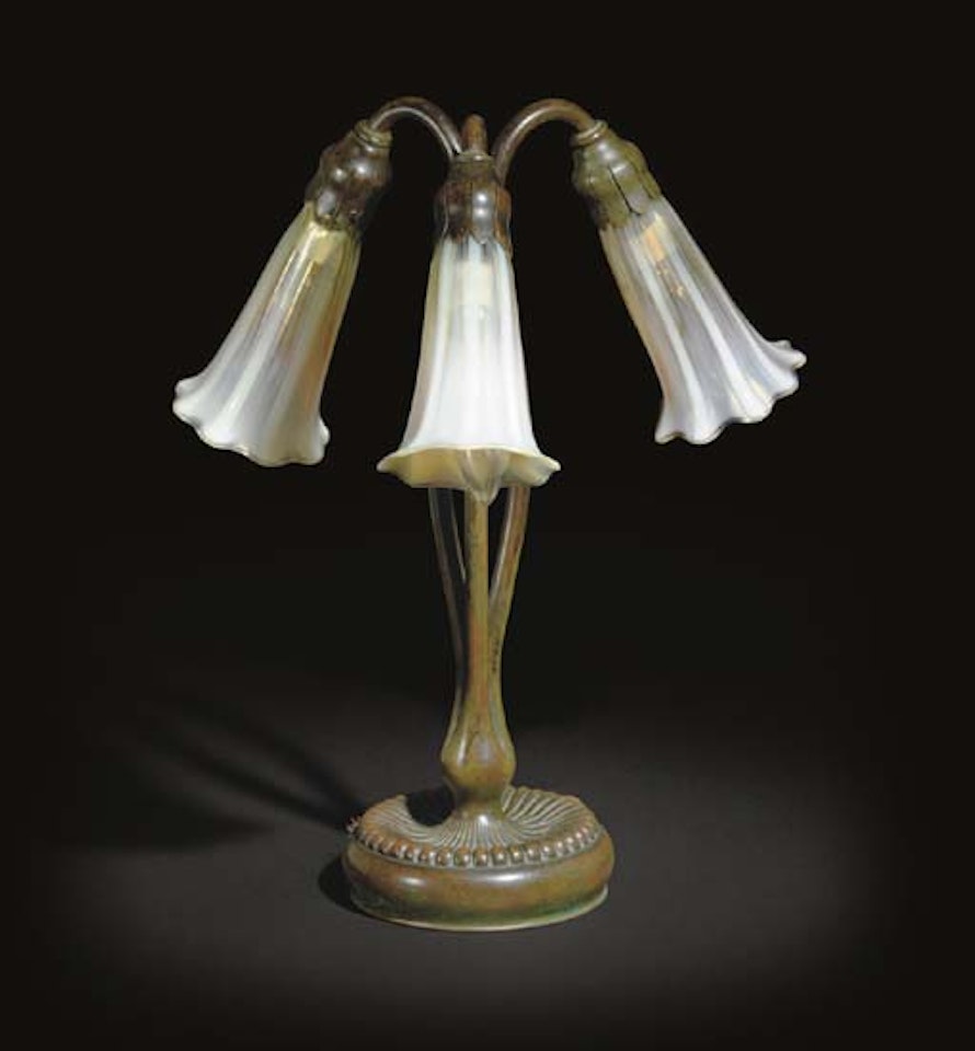 A Three-light Favrile Glass And Bronze 'Lily' Table Lamp by Tiffany Studios