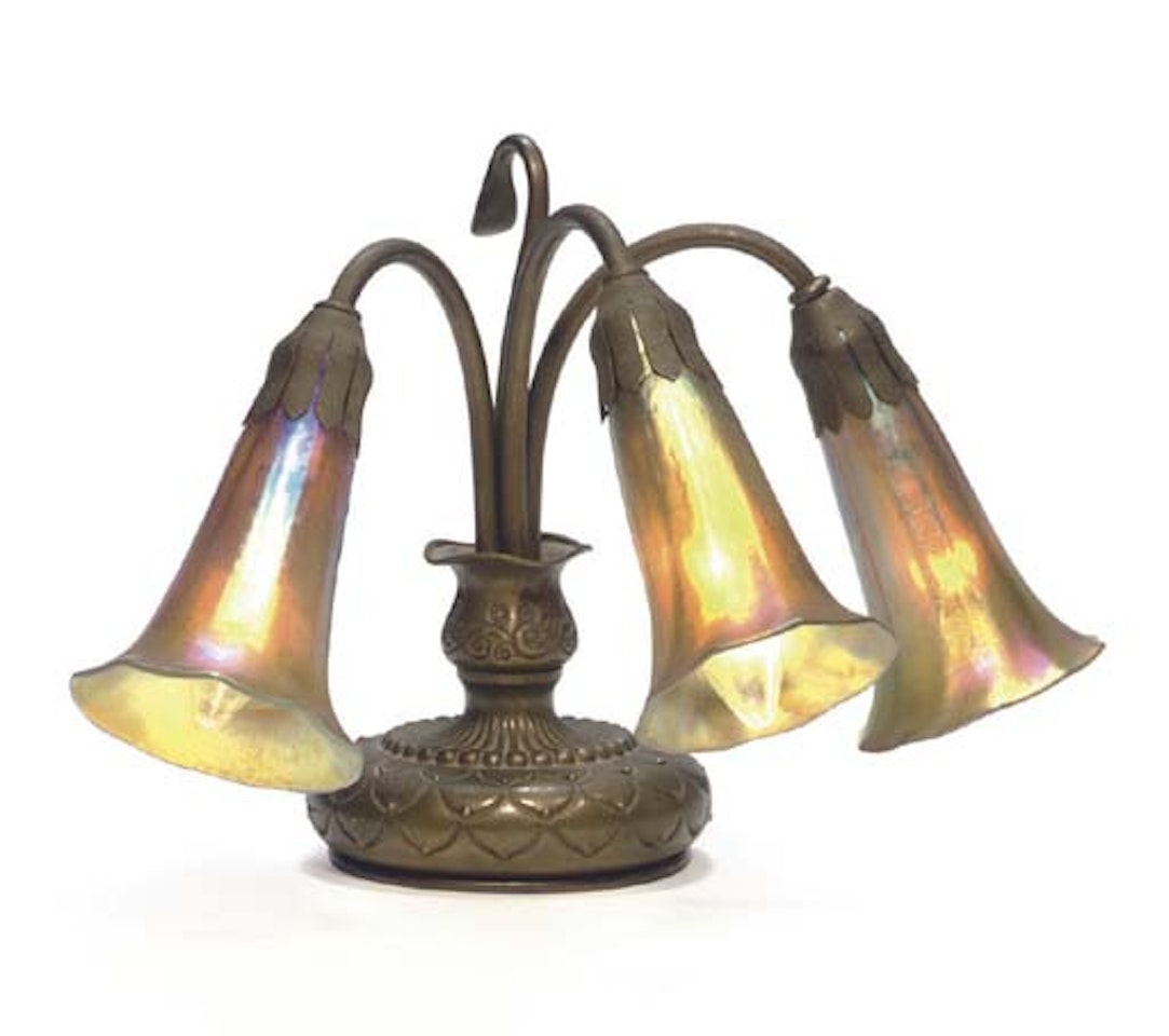 A Three-light Favrile Glass And Gilt-bronze 'Lily' Table Lamp by Tiffany Studios
