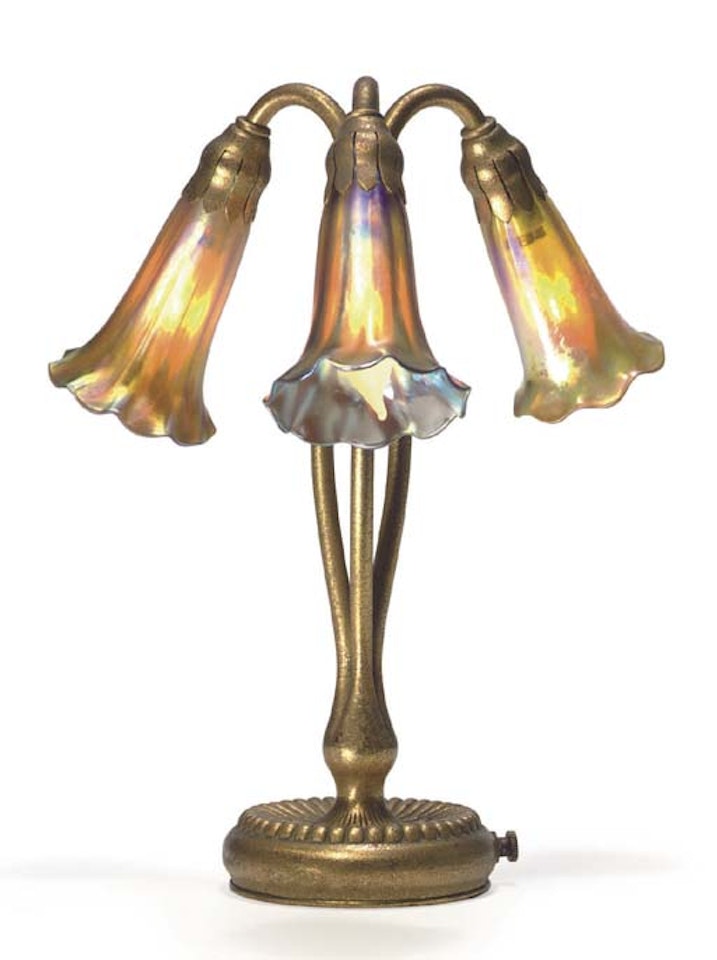 A Three-light Favrile Glass And Gilt-bronze 'Lily' Table Lamp by Tiffany Studios