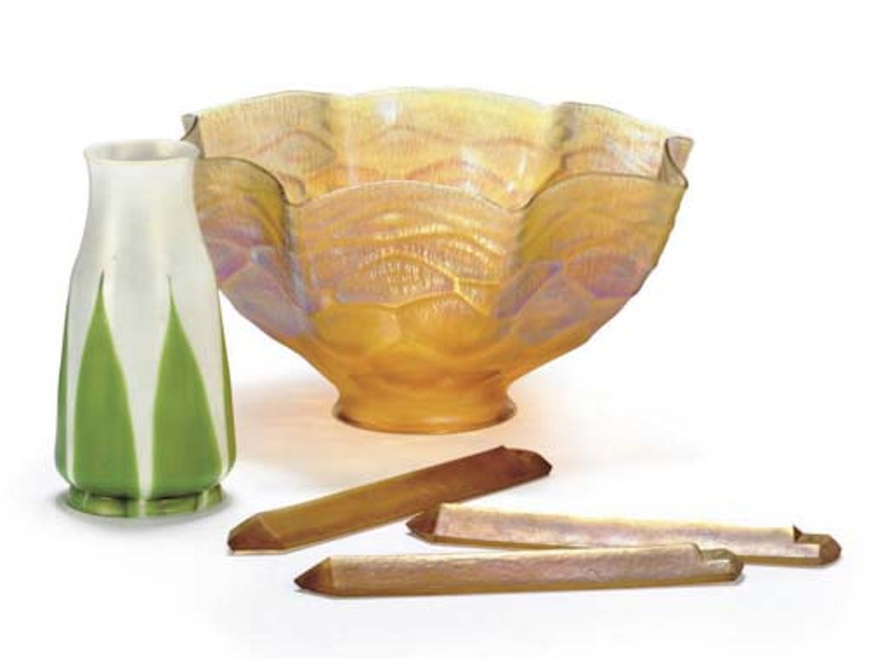 Two Favrile Glass Shades And Three Prisms by Tiffany Studios