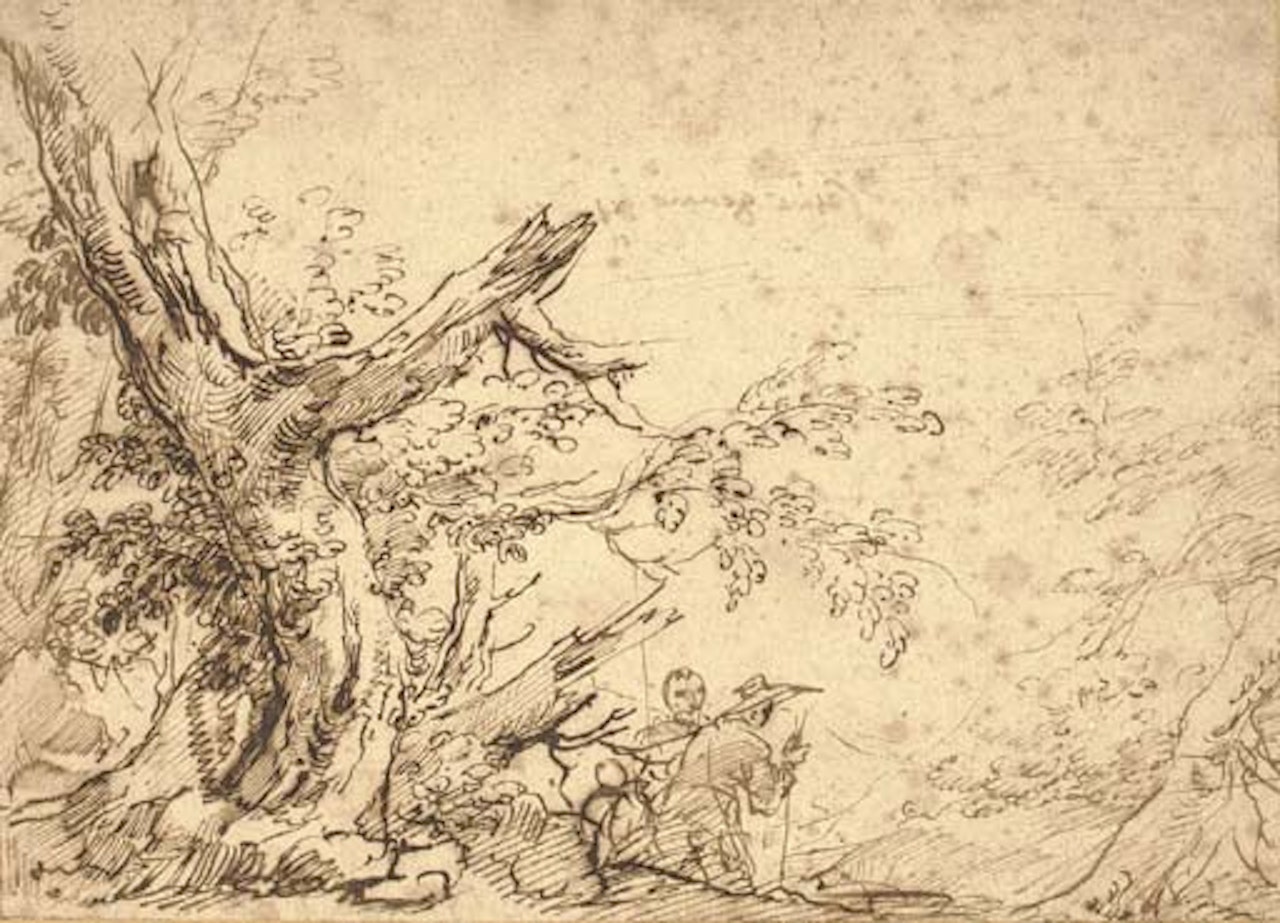 Wooded landscape with travellers on a path by Salvator Rosa