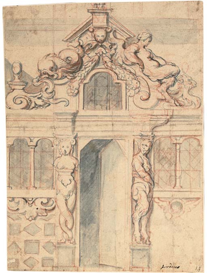 Elaborate facade with an open door flanked by a bacchante and satyr by Jacob Jordaens