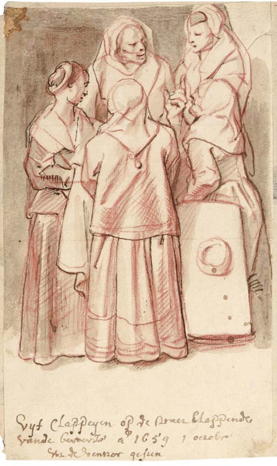 Five women gossiping in the street, seen from artist's window by Jacob Jordaens