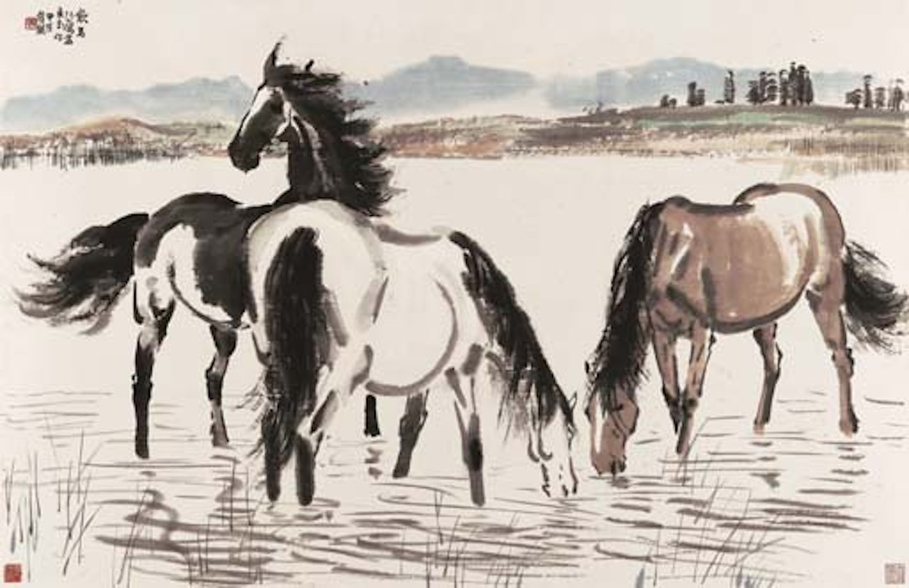 Horses drinking by Xu Beihong
